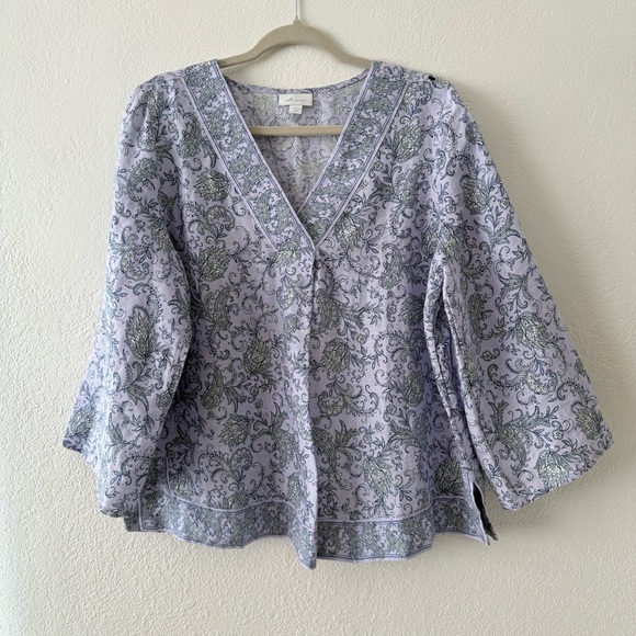 J. Jill Love Linen Purple Paisley Boho Popover Blouse Border Print Boxy Sz Large - Picture 2 of 11
